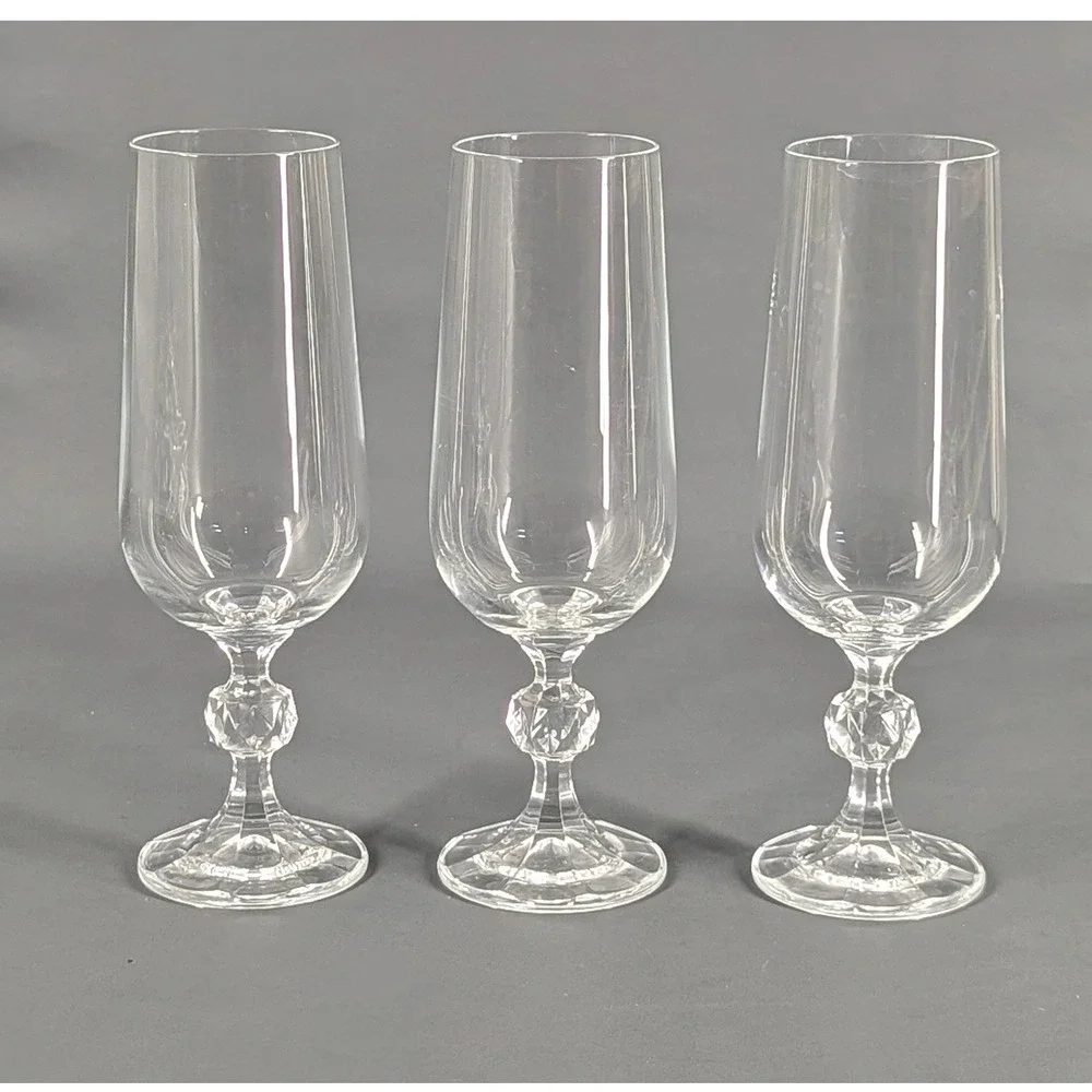 Set of 3 Crystal Champagne Flutes Faceted Ball Stem 6.75 Inch Clear Glass